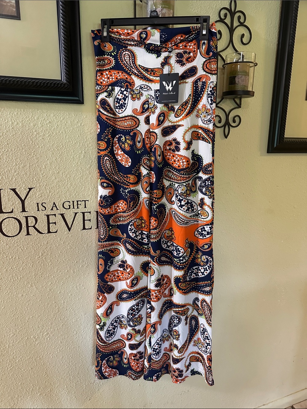 White Mark Navy, Orange & White Paisley Wide-Leg Palazzo Pants - Picture 3 of 7